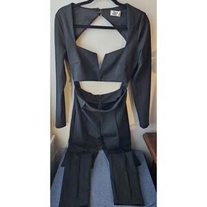 Tiger Mist Black Cut Out Jumpsuit Women's L Long Sleeve Flare Stretch Sexy